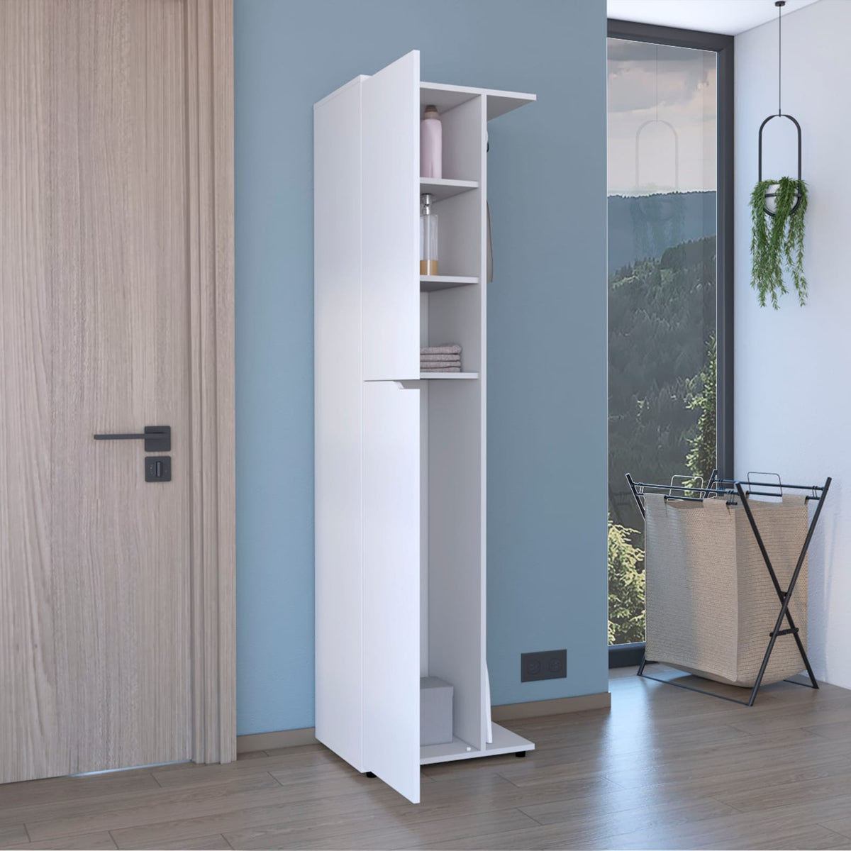 71.3" White Broom Storage Cabinet with 2 Doors & 5 Shelves for Living Room
