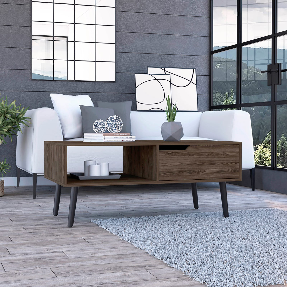 Oslo Coffee Table - Brown, One Drawer & Shelf for Living Room