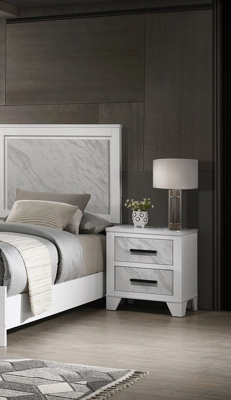 White Bedside Cabinet - 2 Drawers Contemporary Nightstand for Bedroom