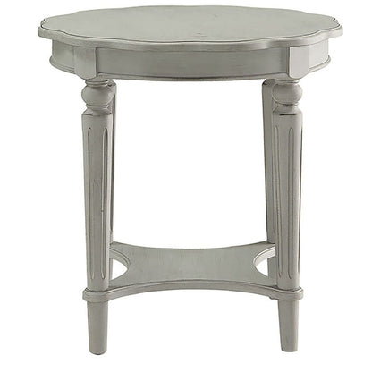 Grey Farmhouse Round End Table with Storage Shelf for Living Room