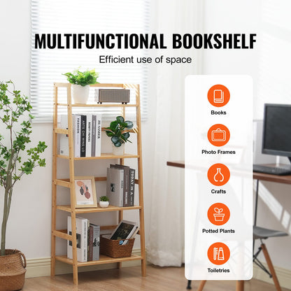 Natural Wood Ladder Shelf - 4 Tier Bamboo Bookshelf