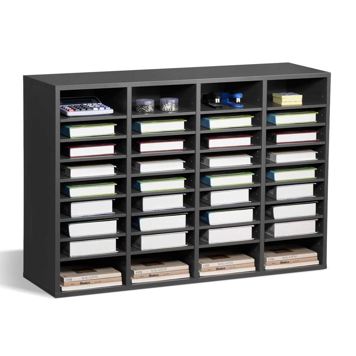 36 Compartment Gray Literature Organizer - Adjustable Shelves for Living Room