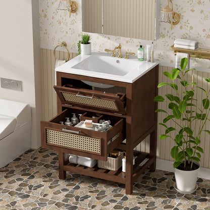 Dark Brown Bathroom Vanity with Ceramic Sink - 24 Inch