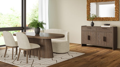 Oval Brown Solid Wood Dining Table with Sculpted Pedestal for Living Room