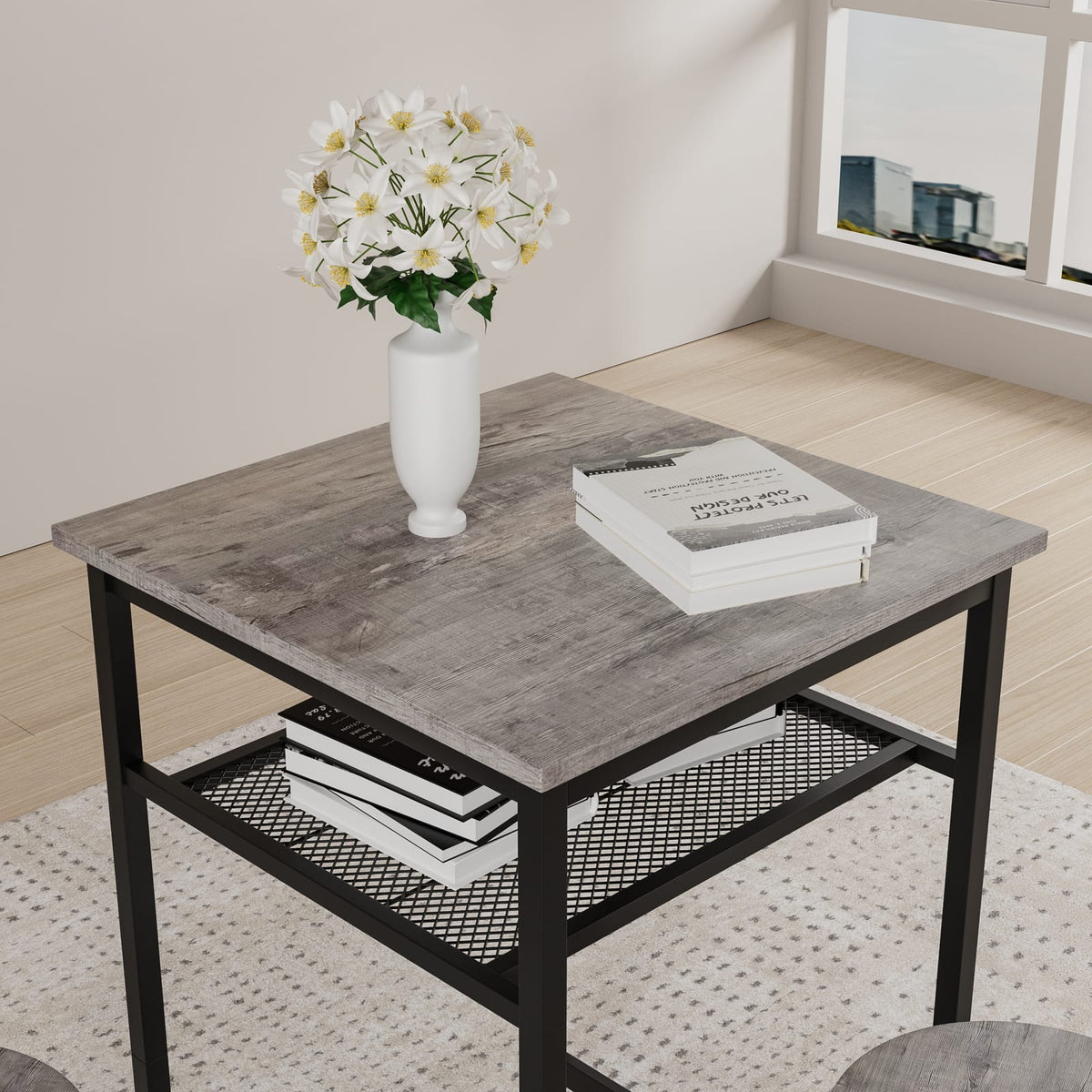 2-Person Grey Dining Table Set with Stools for Dining Room