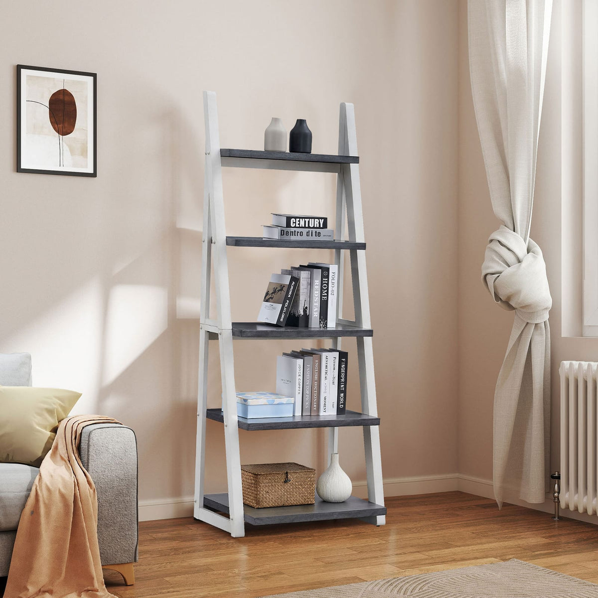 5-Tier Shelves - Grey+White Solid Wood Storage Rack for Home Office & Living Room