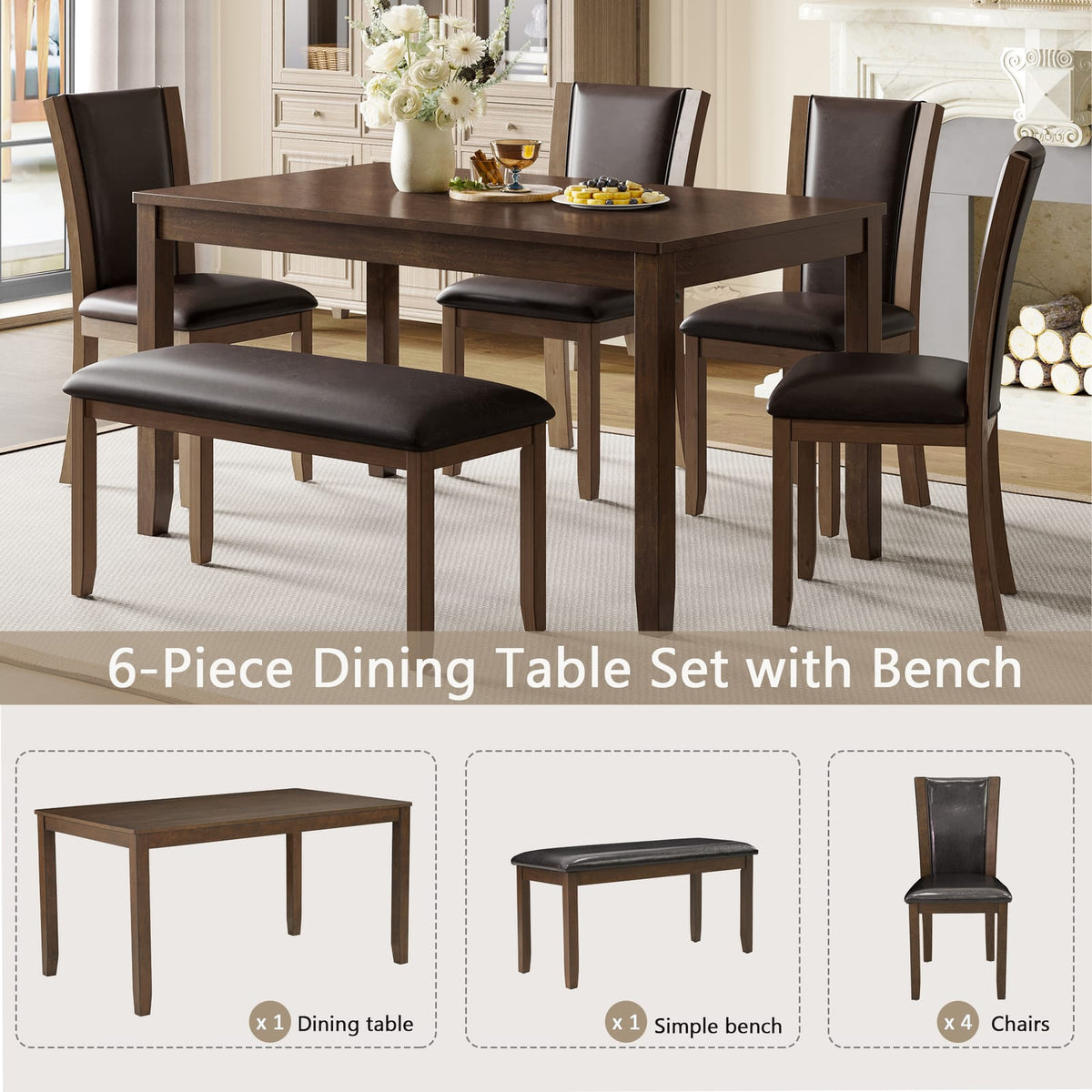 Dark Walnut Dining Table Set - Seats 6