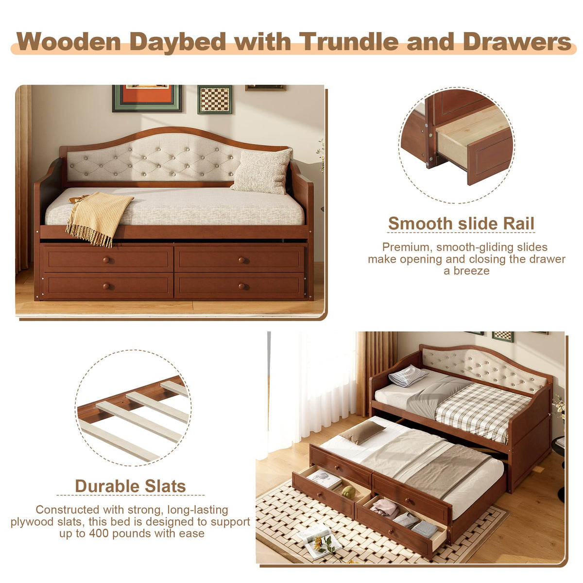 Twin Walnut Daybed with Trundle - Storage Sofa Bed for Bedroom