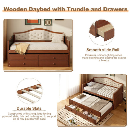 Twin Walnut Daybed with Trundle - Storage Sofa Bed for Bedroom