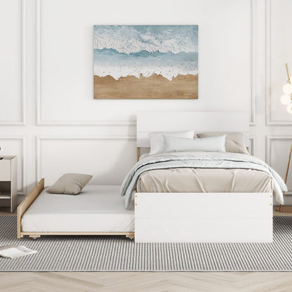 Modern Twin Bed Frame with Light Oak Trundle - White High Gloss