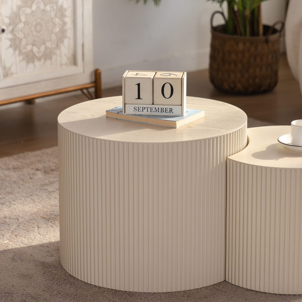 Round Modern Wood Coffee Table with Open Storage in Beige White for Living Room
