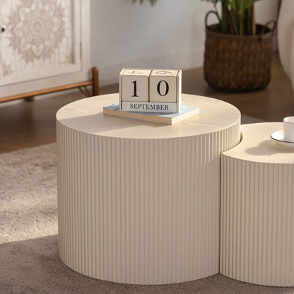 Round Modern Wood Coffee Table with Open Storage in Beige White for Living Room