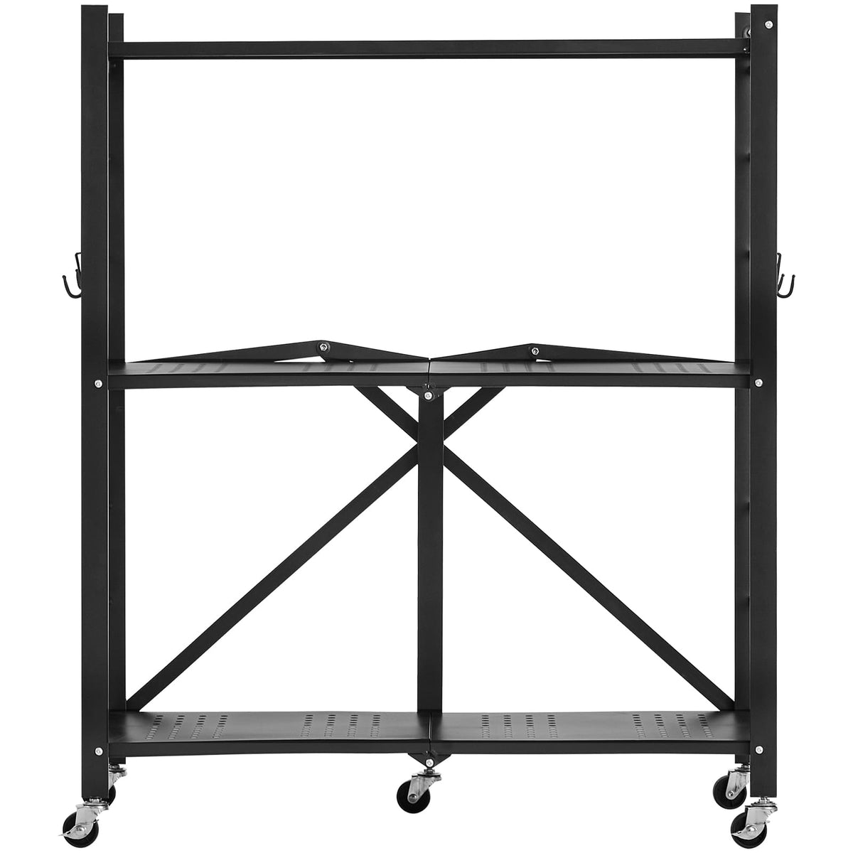 3-Tier Foldable Storage Shelf with Wheels - Black Steel for Living Room