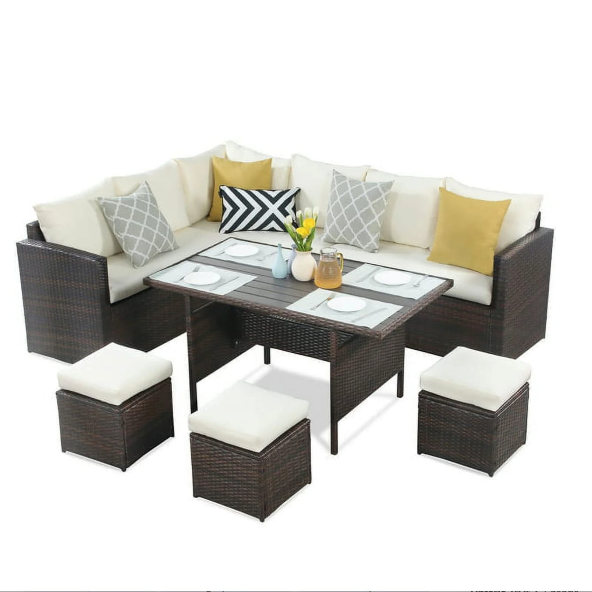 7-Piece Wicker Outdoor Dining Set - Beige Cushions, 9 Seats for Patio & Porch