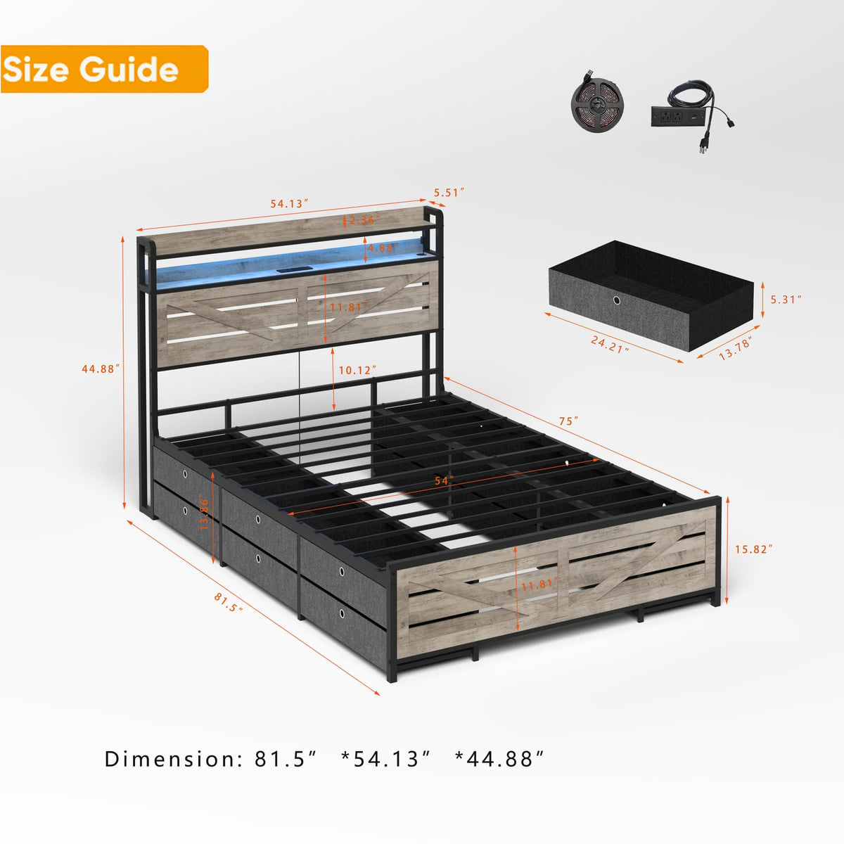 Full Size Gray Bed Frame with Storage Headboard & 12 Drawers for Bedroom