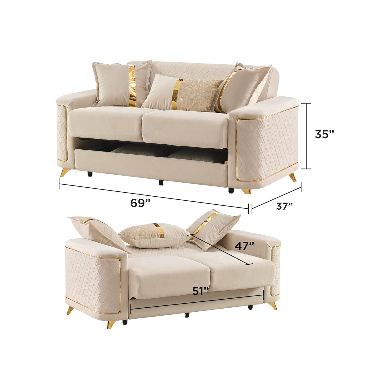 Ivory Chenille Modern Loveseat - 37" x 69.3" for Living Room