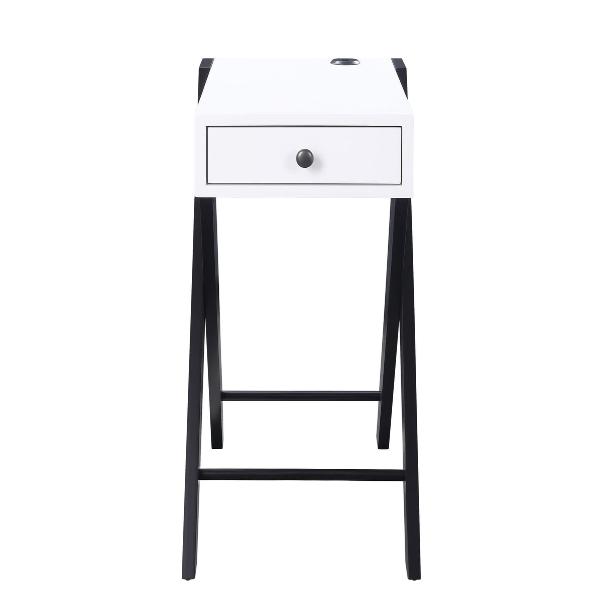White & Black Side Table with USB Ports - Storage Included for Living Room