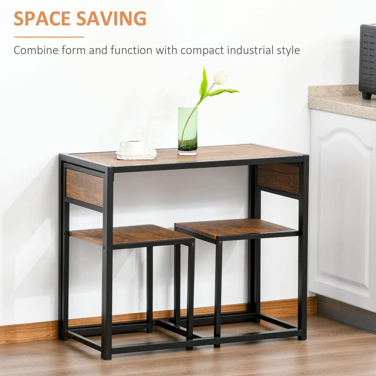 Brown MDF Dining Table Set for 2 with Stools for Dining Room