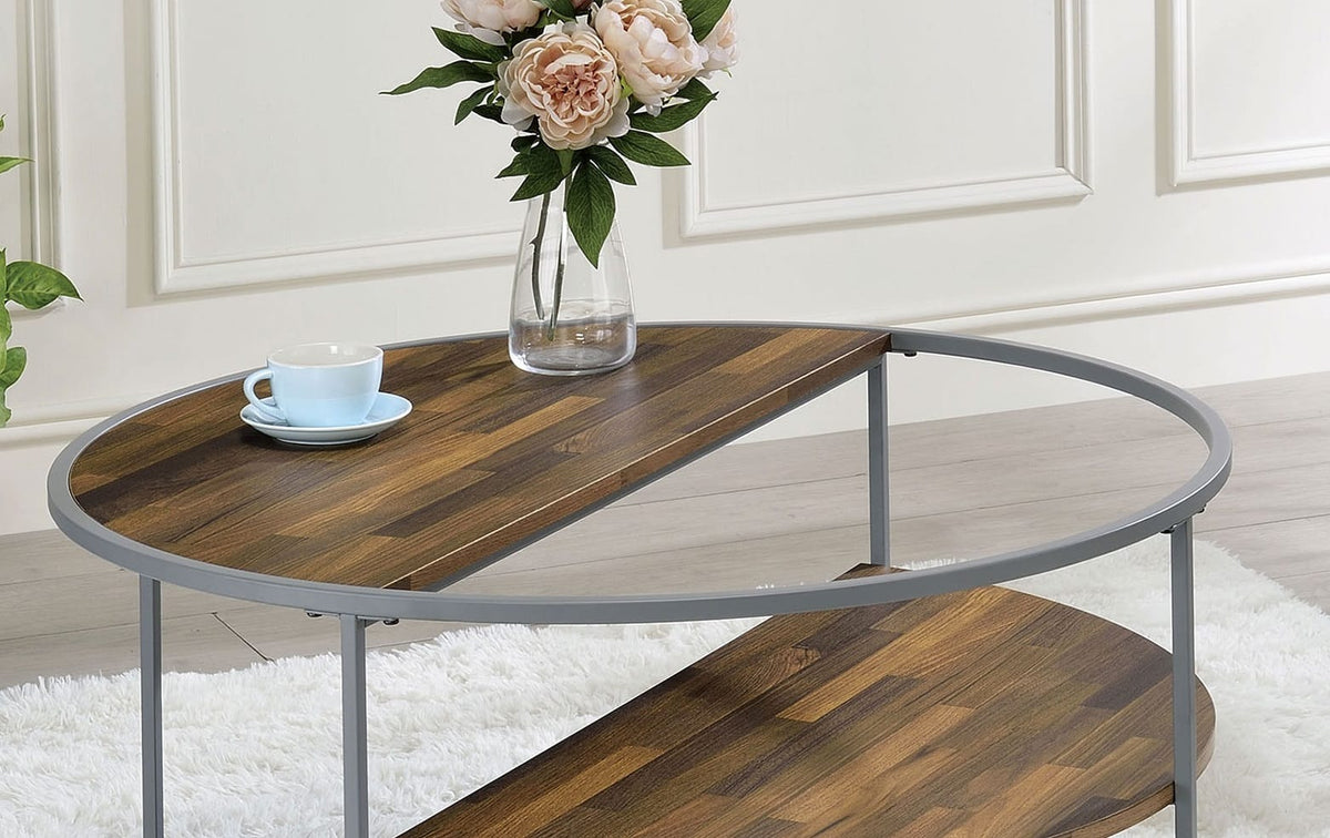 Gray Walnut Industrial Coffee Table with Shelves