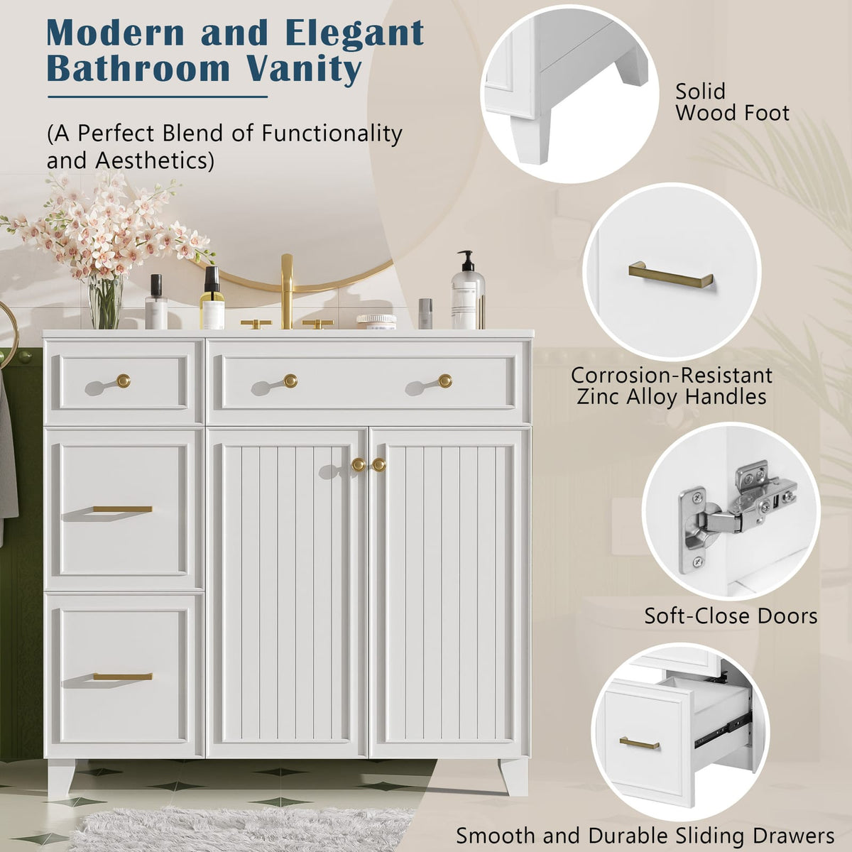 36 Inch White Bathroom Vanity with Ceramic Sink and Adjustable Storage