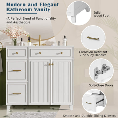 36 Inch White Bathroom Vanity with Ceramic Sink and Adjustable Storage