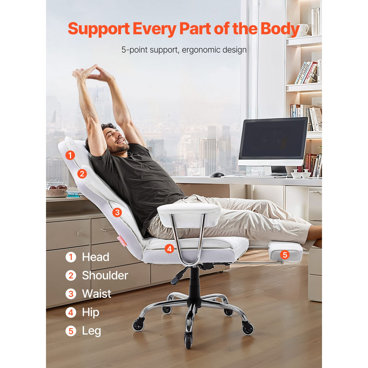 White Reclining Office Chair with Footrest - Ergonomic Support