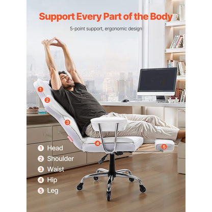 White Reclining Office Chair with Footrest - Ergonomic Support