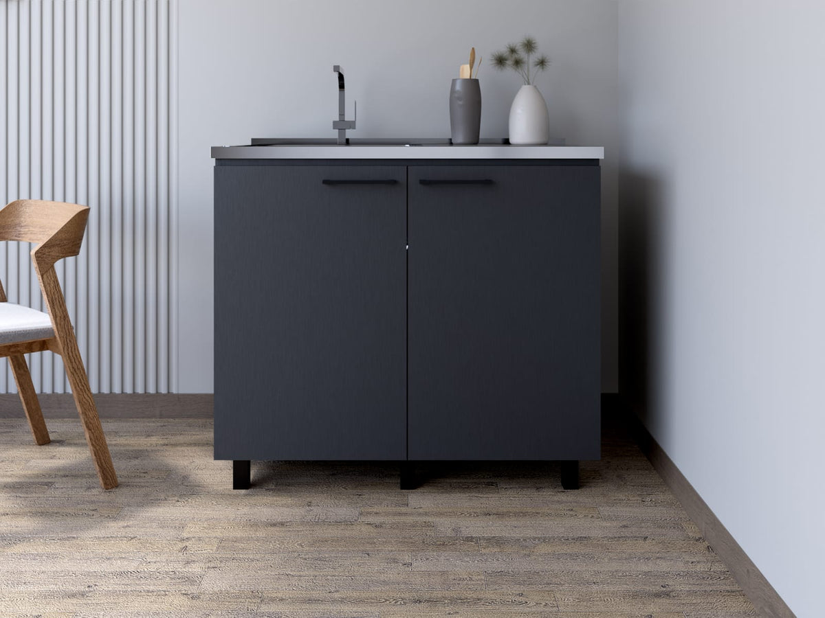 Burwood Utility Sink Cabinet - Black Particle Board Kitchen Storage
