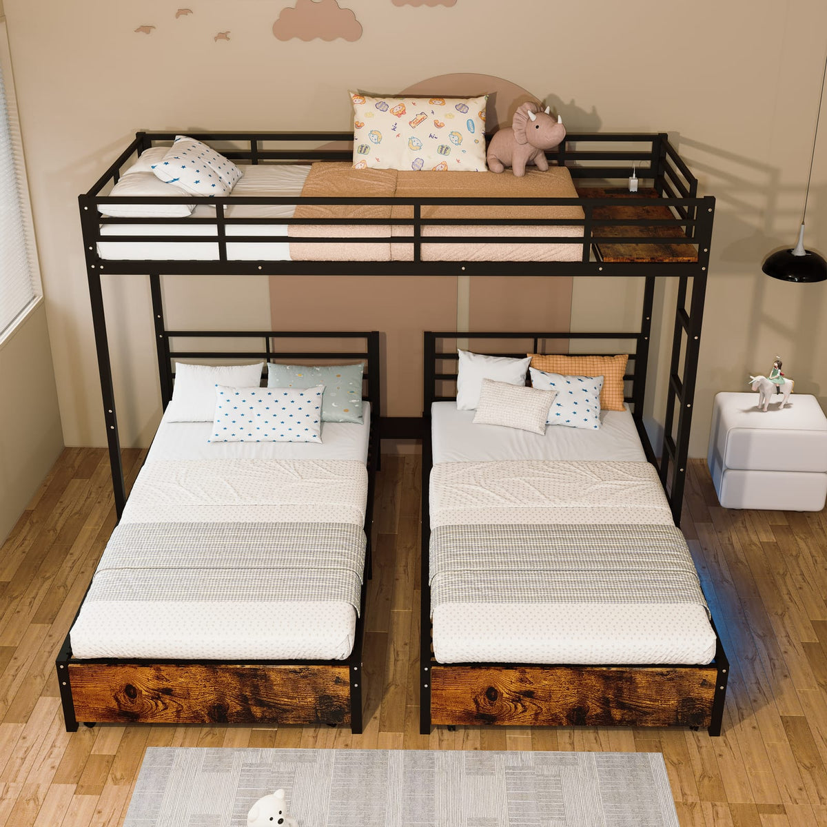 Triple Bunk Bed for 3 Kids - Metal, Black for Bedroom