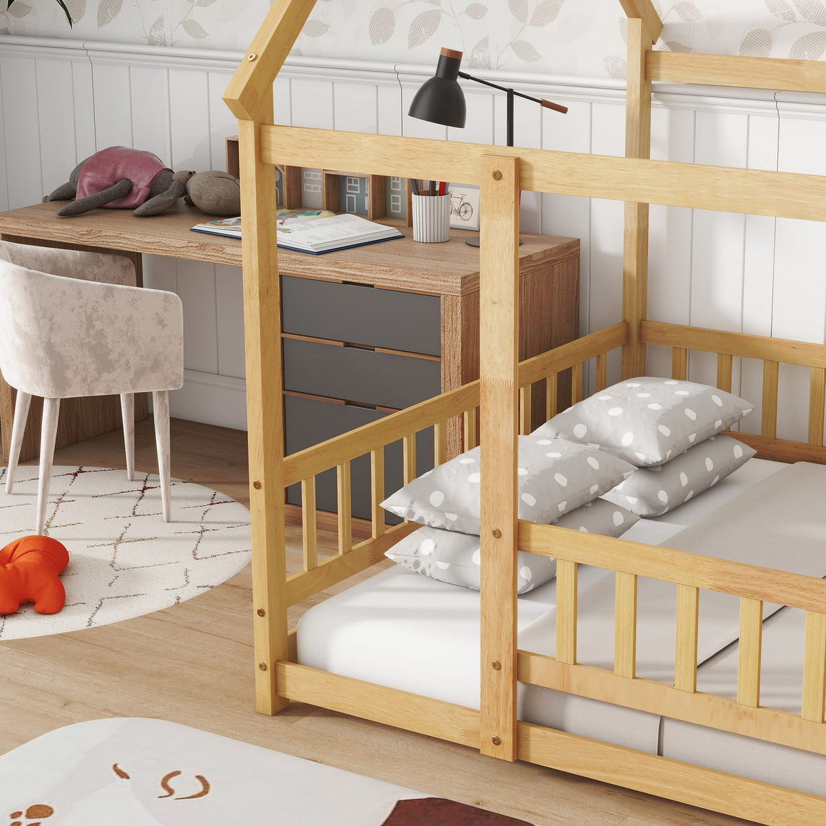 Full Size Rubber Wood House Floor Bed with Roof Frame, Natural for Bedroom