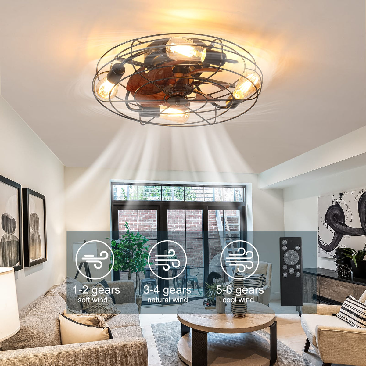 Black Iron Ceiling Fan with Remote Control