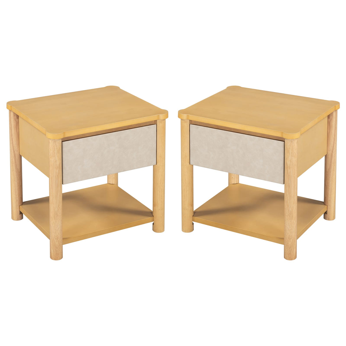 Natural Beige Nightstand Set - 2 Chairs Nightstand with Drawer for Bedroom