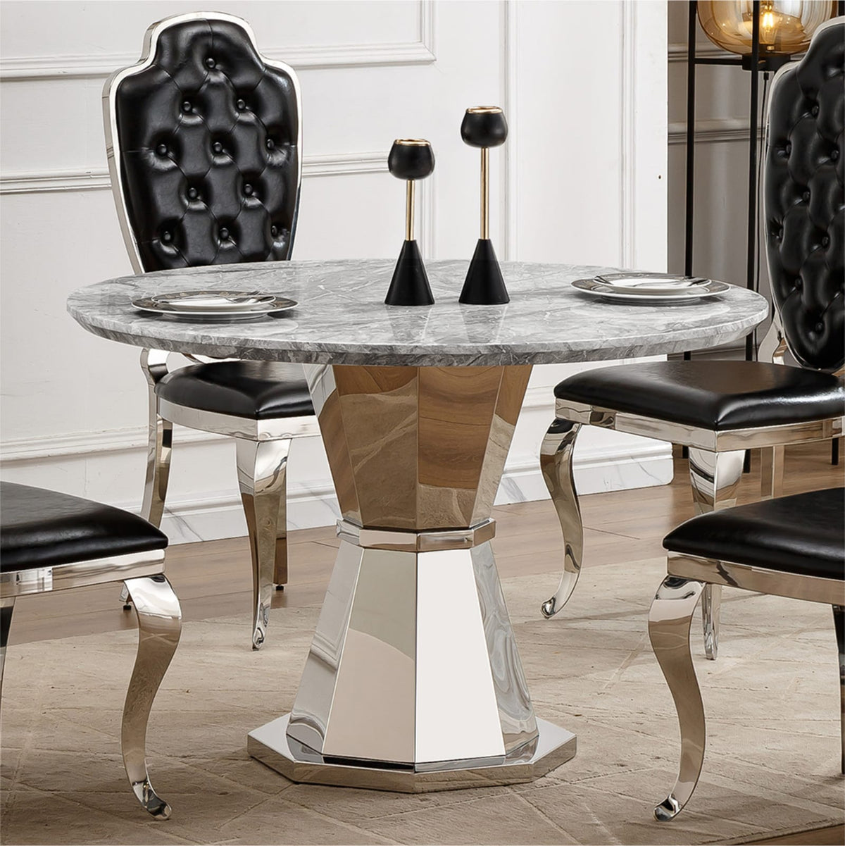 47" Round Marble Dining Table - Modern Kitchen Table, Gray+Silver