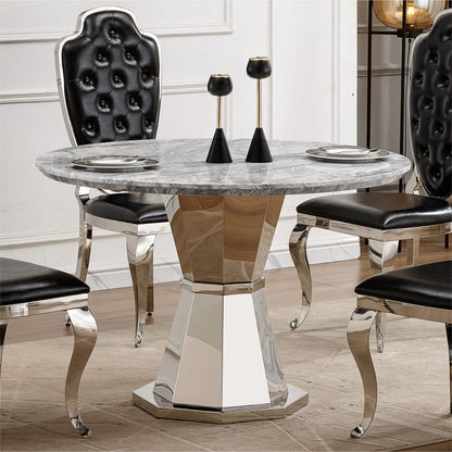 47" Round Marble Dining Table - Modern Kitchen Table, Gray+Silver