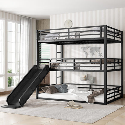 Triple Bunk Bed with Slide - Metal, Black for Bedroom