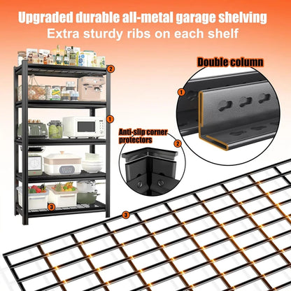 Black Metal 5-Shelf Storage Rack for Heavy Duty Living Room Organization