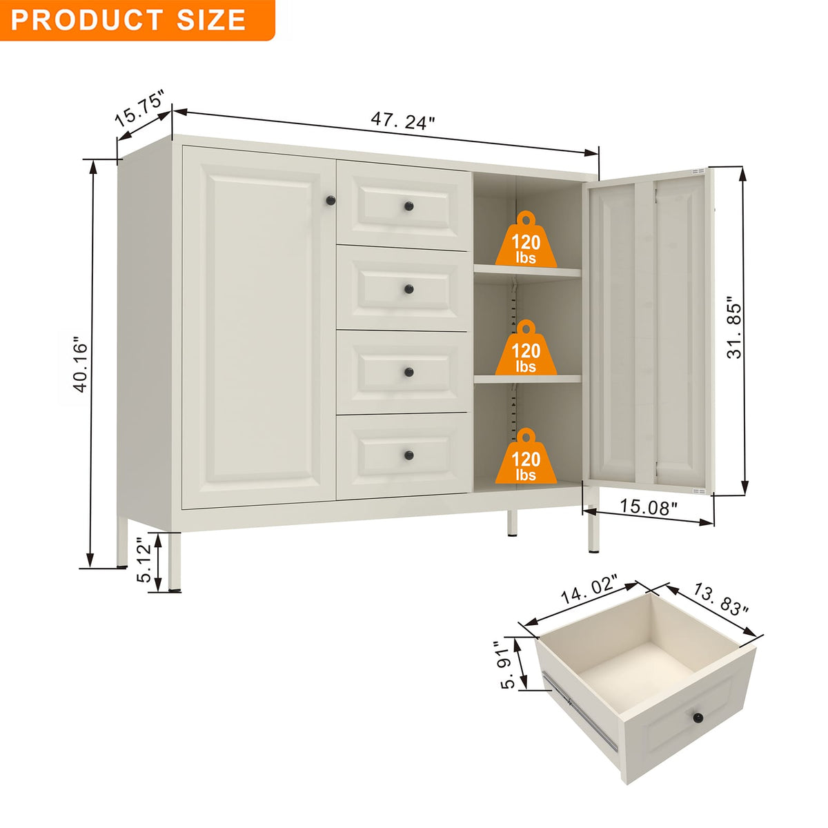 47.24" Beige Steel Storage Cabinet with Drawers & Shelves