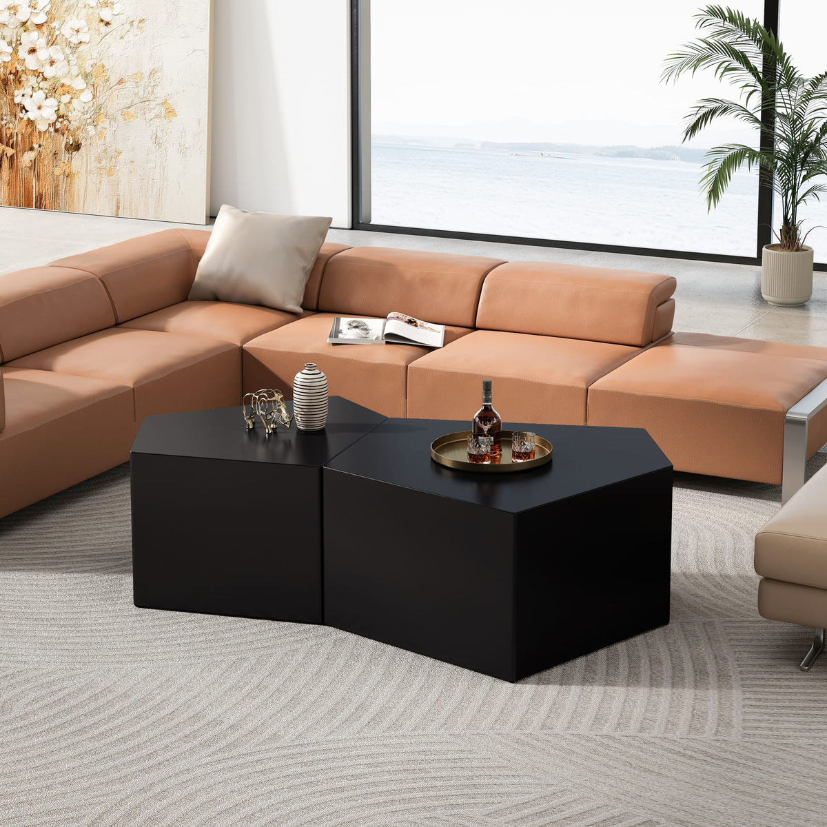 Irregular Pentagon Nesting Coffee Table Set, Black (Set of 2) for Living Room