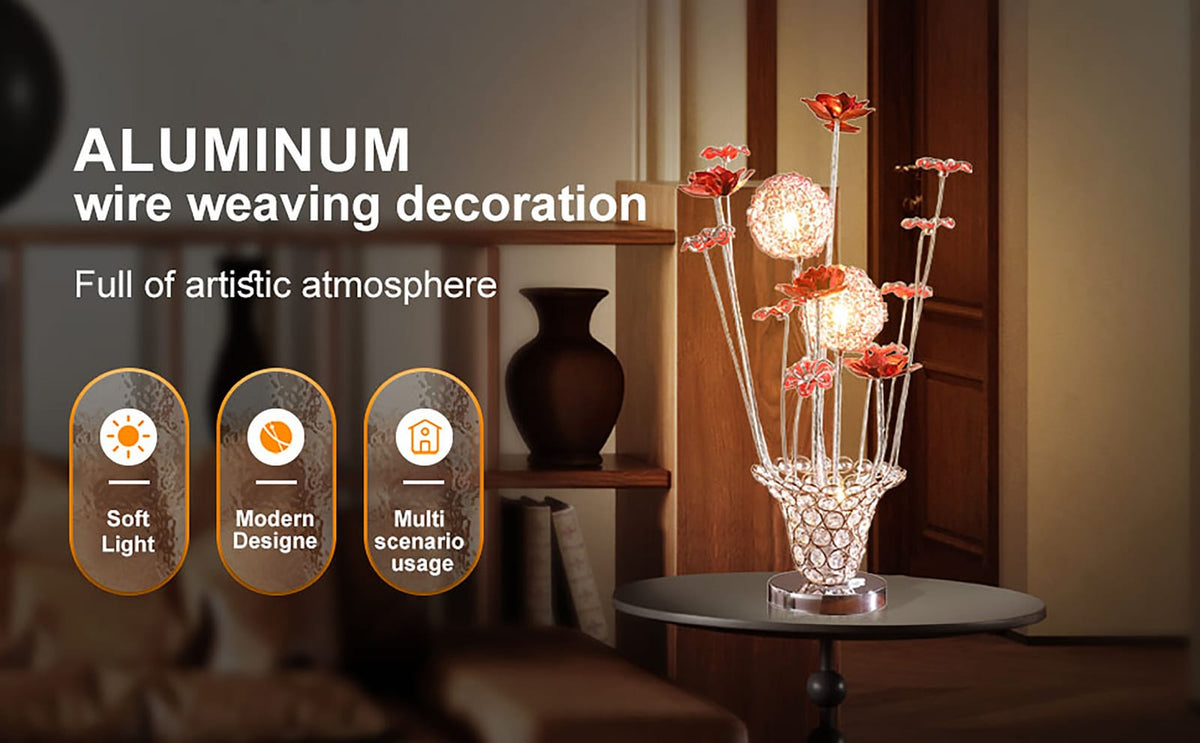 Aluminum Golden Rose Copper/Silver Wire Bud Flower Lamp - Table Nightstand Bedroom