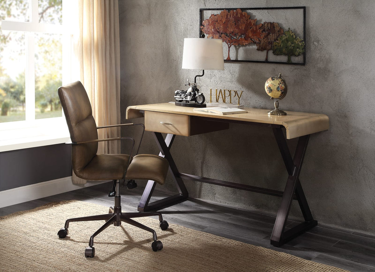 Gold Aluminum Writing Desk with Leather Accents for Workspace for Home Office