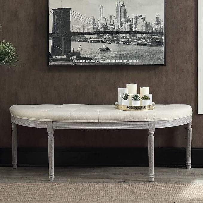 Light Beige Button Tufted Bench - Gray Wood Frame for Bedroom