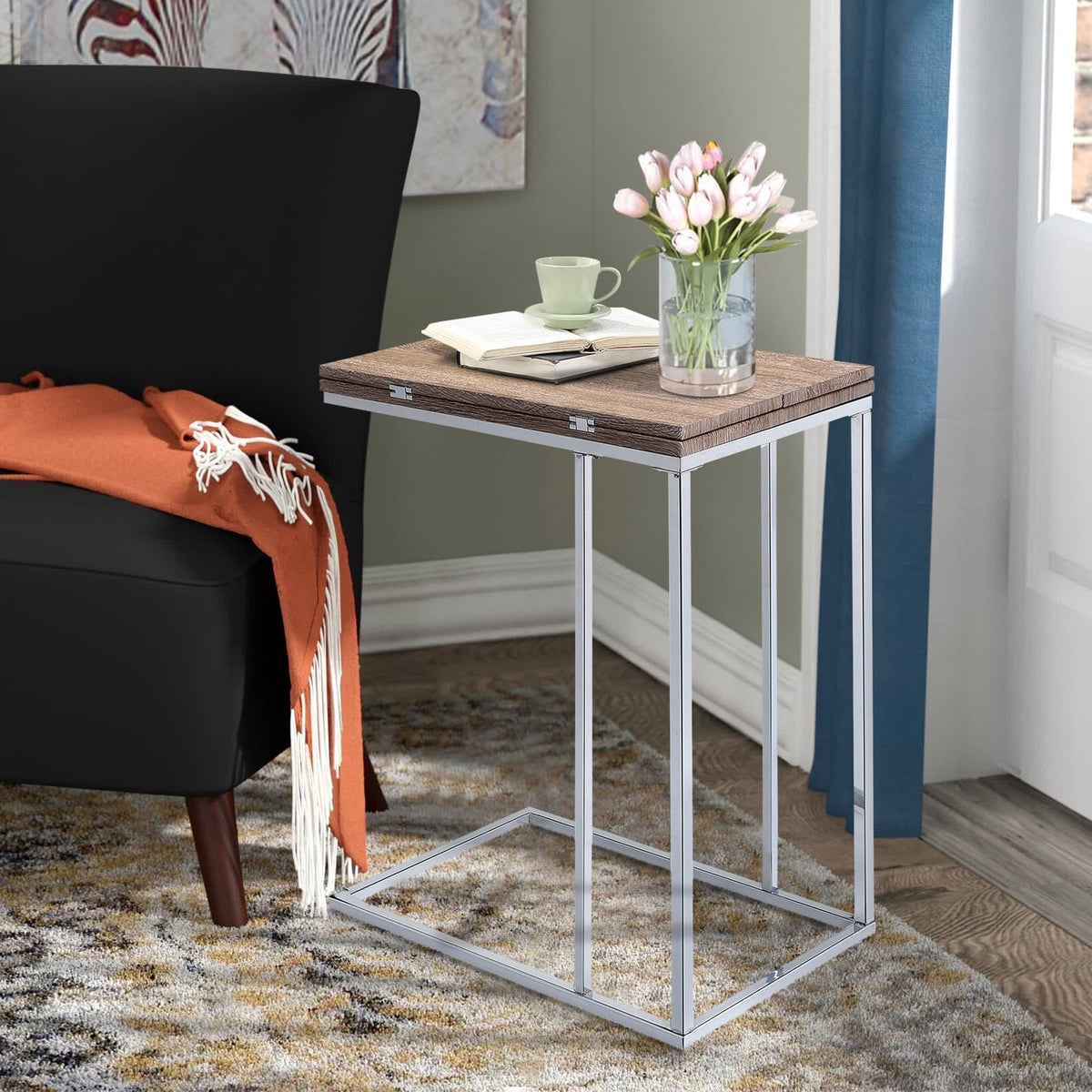 Industrial Oak Side Table with Metal Base for Living Room