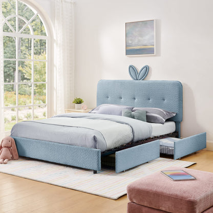 Navy Kids Upholstered Queen Bed with Storage Drawers for Bedroom