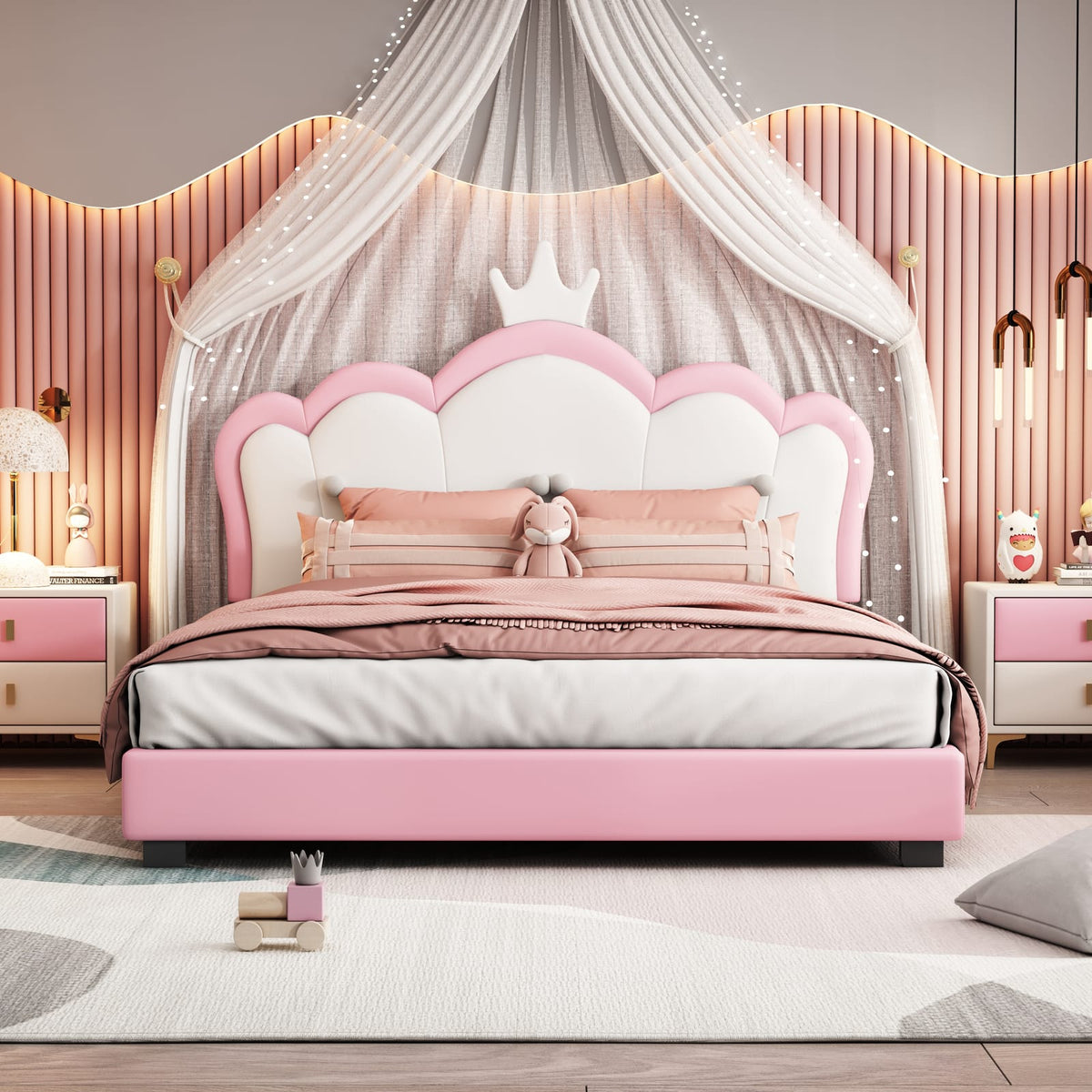 Full Pink Platform Bed with Crown Headboard - 80"L for Bedroom