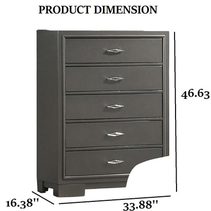 Contemporary Metallic Grey Solid Wood Dresser Chest 5 Drawers