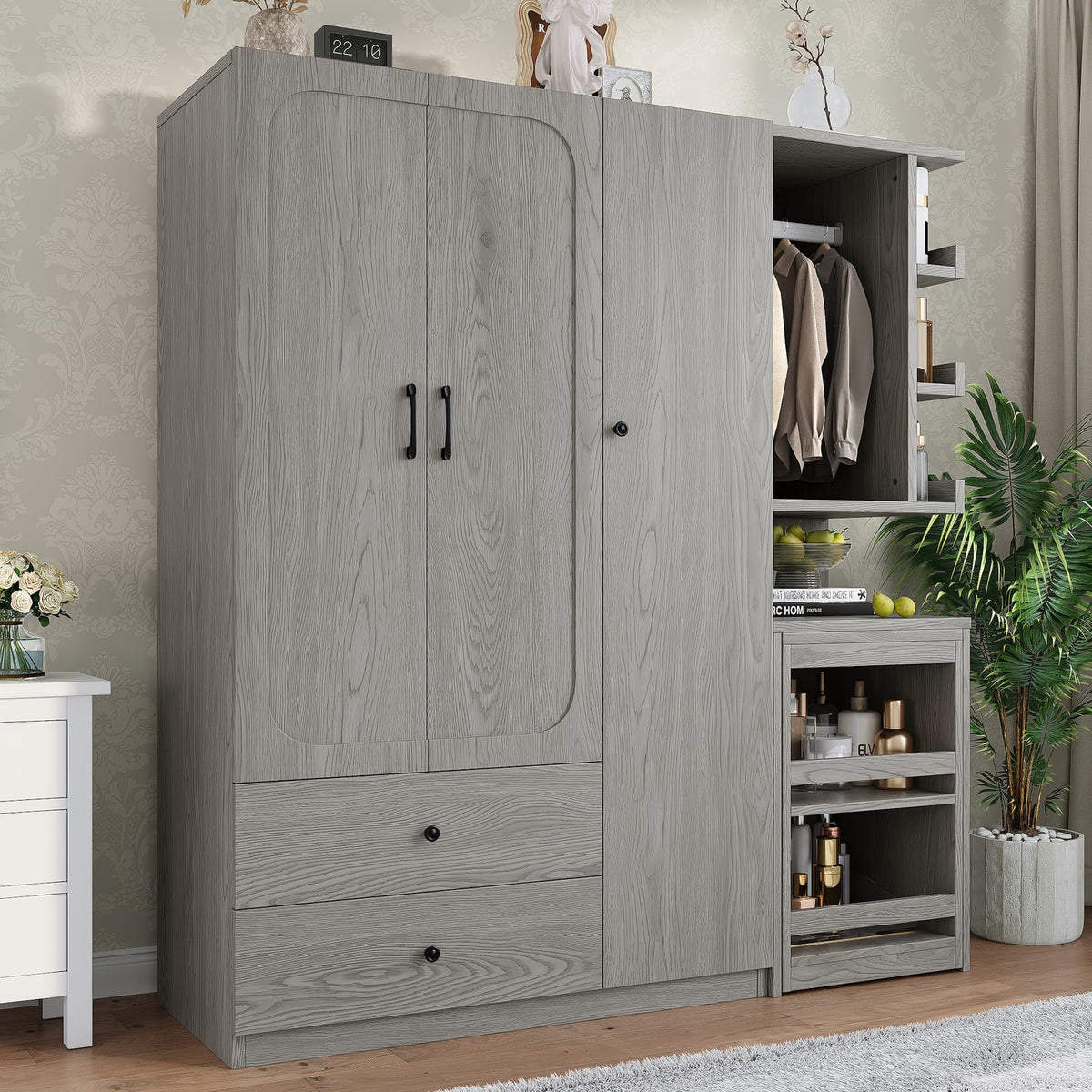 Gray Convertible Wardrobe with Foldable Desk - Bedroom Storage