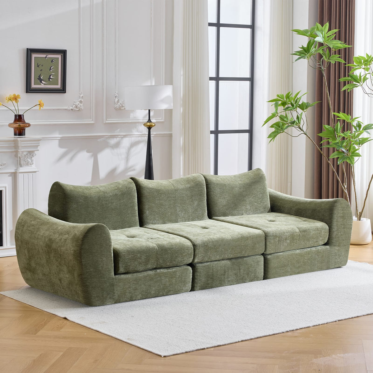 Green Chenille Modular Sofa - 101.58" Sofa Bed