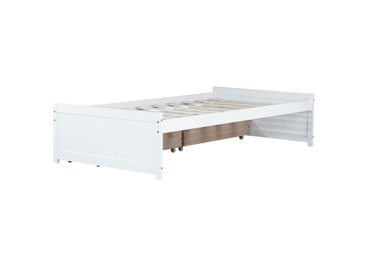 Twin Size Bed with 2 Drawers - White Rubber Wood Frame for Bedroom