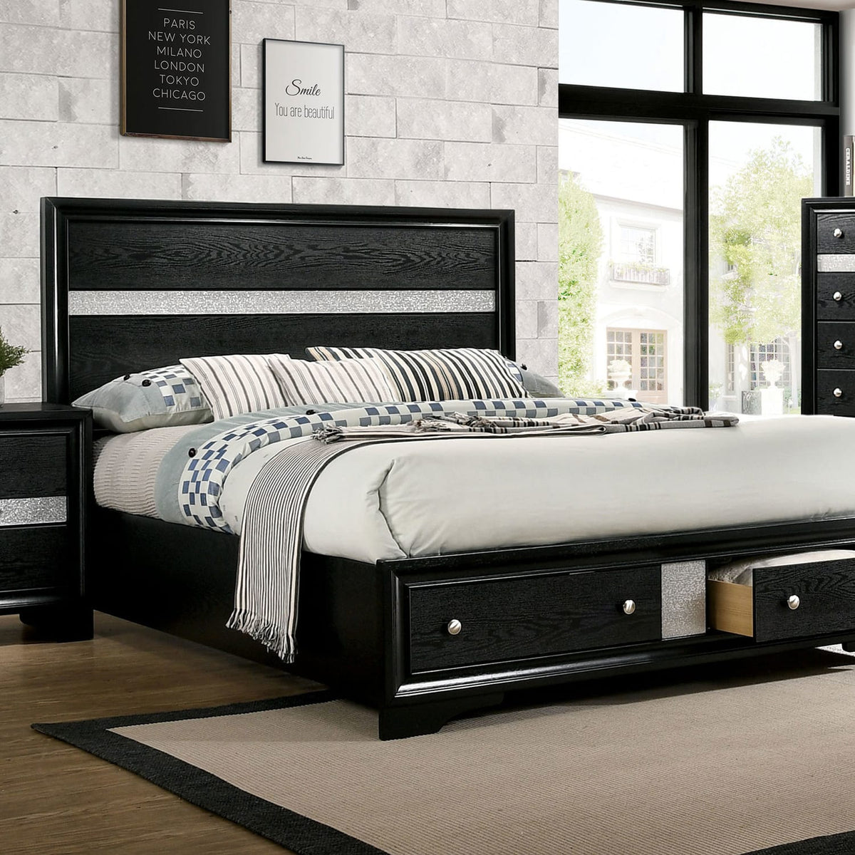 Queen Size Black Wood Bed Frame Storage