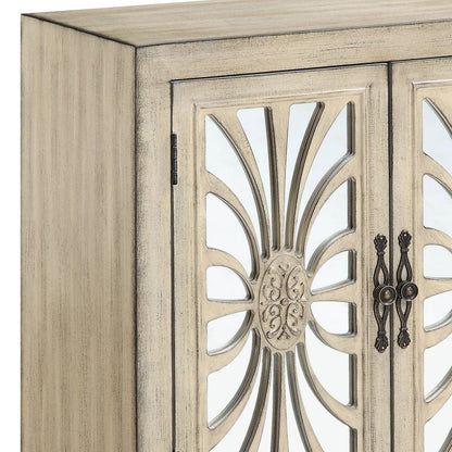 Antique White Console Table with Mirrored Doors - Storage & Style for Living Room